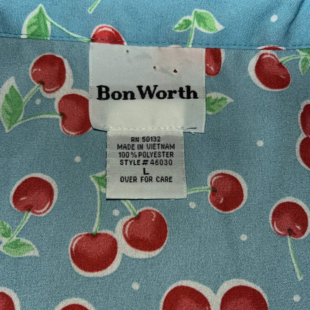 BonWorth Womens Cherry Print Button Up Blouse Blue Polka Dot Short Sleeve Large - Picture 2 of 4